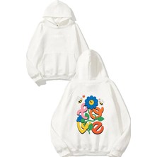 Urbvn Love Çiçek Tasarım Baskılı Oversize Beyaz Kapüşonlu Sweatshirt