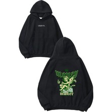 Urbvn Money Angel Tasarım Baskılı Oversize Siyah Kapüşonlu Sweatshirt