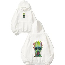 Urbvn Punk Face Tasarım Baskılı Oversize Beyaz Kapüşonlu Sweatshirt