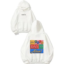 Urbvn Alive Tasarım Baskılı Oversize Beyaz Kapüşonlu Sweatshirt