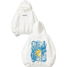 Urbvn Alice Tasarım Baskılı Oversize Beyaz Kapüşonlu Sweatshirt