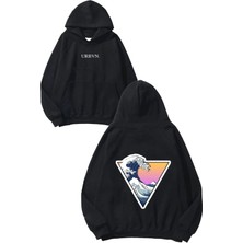 Urbvn Dalga Tasarım Baskılı Oversize Siyah Kapüşonlu Sweatshirt