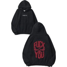 Urbvn Fck U Tasarım Baskılı Oversize Siyah Kapüşonlu Sweatshirt