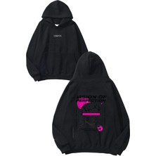 Urbvn Vision 1 Tasarım Baskılı Oversize Siyah Kapüşonlu Sweatshirt