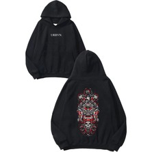 Urbvn Chinese Demon Tasarım Baskılı Oversize Siyah Kapüşonlu Sweatshirt