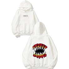 Urbvn Street Sharks Tasarım Baskılı Oversize Beyaz Kapüşonlu Sweatshirt