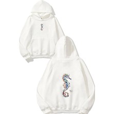 Urbvn Seahorse Tasarım Baskılı Oversize Beyaz Kapüşonlu Sweatshirt