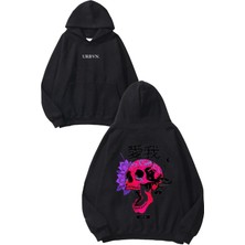 Urbvn Love Me Skull Tasarım Baskılı Oversize Siyah Kapüşonlu Sweatshirt