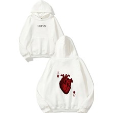 Urbvn A Kalp Tasarım Baskılı Oversize Beyaz Kapüşonlu Sweatshirt