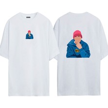 Urbvn Justin Bieber 1 Tasarım Baskılı Beyaz Oversize T Shirt