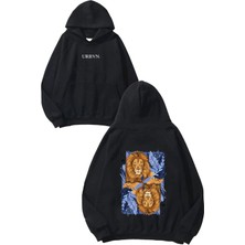 Urbvn King Leon Tasarım Baskılı Oversize Siyah Kapüşonlu Sweatshirt