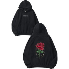 Urbvn Gül Kırmızı Tasarım Baskılı Oversize Siyah Kapüşonlu Sweatshirt