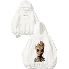 Urbvn Groot Tasarım Baskılı Oversize Beyaz Kapüşonlu Sweatshirt