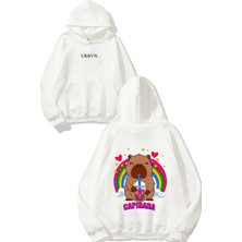 Urbvn Capibara Bubbleetea Tasarım Baskılı Oversize Beyaz Kapüşonlu Sweatshirt