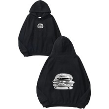 Urbvn Metalic Hamburger Tasarım Baskılı Oversize Siyah Kapüşonlu Sweatshirt
