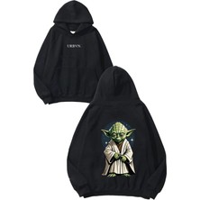 Urbvn Yoda Stars Tasarım Baskılı Oversize Siyah Kapüşonlu Sweatshirt