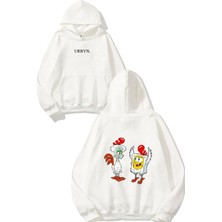 Urbvn Chicken Spongebob Tasarım Baskılı Oversize Beyaz Kapüşonlu Sweatshirt