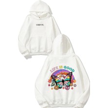 Urbvn Life Is Good Tasarım Baskılı Oversize Beyaz Kapüşonlu Sweatshirt
