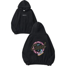 Urbvn Just Cool Tasarım Baskılı Oversize Siyah Kapüşonlu Sweatshirt
