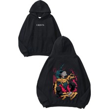 Urbvn Anime Green Hair Tasarım Baskılı Oversize Siyah Kapüşonlu Sweatshirt