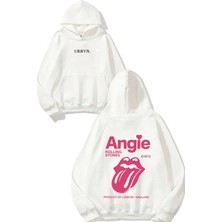 Urbvn Angie Tasarım Baskılı Oversize Beyaz Kapüşonlu Sweatshirt