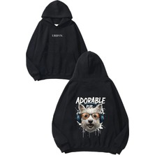 Urbvn Adorable Tasarım Baskılı Oversize Siyah Kapüşonlu Sweatshirt