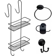 Skygo Banyo Aksesuar Seti 4 Lü Siyah,ömür Boyu Paslanmaz Duşakabin Askısı Duş Rafı Şampuanlık Siyah