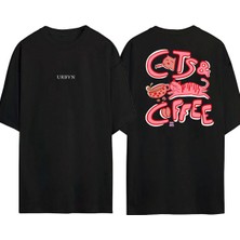Urbvn Cats Coffee Tasarım Baskılı Siyah Oversize T Shirt