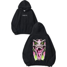 Urbvn Lightning Dinosour Tasarım Baskılı Oversize Siyah Kapüşonlu Sweatshirt