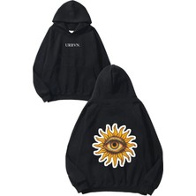 Urbvn Sun Eye Tasarım Baskılı Oversize Siyah Kapüşonlu Sweatshirt