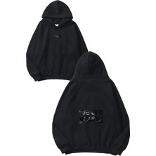 Urbvn We Are Young Tasarım Baskılı Oversize Siyah Kapüşonlu Sweatshirt