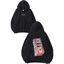 Urbvn Pink Dollar Tasarım Baskılı Oversize Siyah Kapüşonlu Sweatshirt