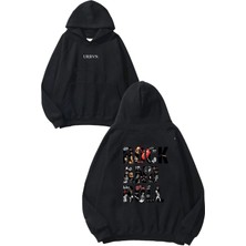 Urbvn Rock And Roll Tasarım Baskılı Oversize Siyah Kapüşonlu Sweatshirt