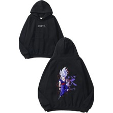 Urbvn Mor Anime Tasarım Baskılı Oversize Siyah Kapüşonlu Sweatshirt