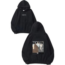 Urbvn Paradise New York Tasarım Baskılı Oversize Siyah Kapüşonlu Sweatshirt