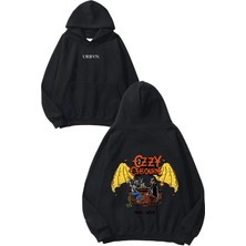 Urbvn Ozzy Ozbourne Wings Tasarım Baskılı Oversize Siyah Kapüşonlu Sweatshirt