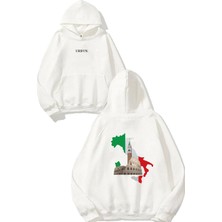 Urbvn Italya Tasarım Baskılı Oversize Beyaz Kapüşonlu Sweatshirt