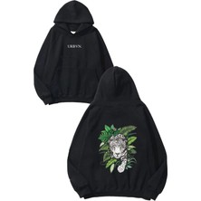 Urbvn White Leopar Tasarım Baskılı Oversize Siyah Kapüşonlu Sweatshirt