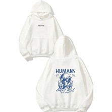 Urbvn Humans Tasarım Baskılı Oversize Beyaz Kapüşonlu Sweatshirt