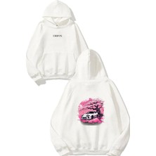 Urbvn Pink Car 1 Tasarım Baskılı Oversize Beyaz Kapüşonlu Sweatshirt