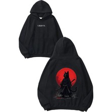 Urbvn Chinese Cat Tasarım Baskılı Oversize Siyah Kapüşonlu Sweatshirt