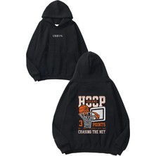 Urbvn Hoop Tasarım Baskılı Oversize Siyah Kapüşonlu Sweatshirt