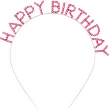 Fredeom Store Pembe Renk Kristal Taşlı Gold Renk Kaplama Happy Birthday Taç 16X17 cm