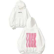 Urbvn Fck Pink Tasarım Baskılı Oversize Beyaz Kapüşonlu Sweatshirt