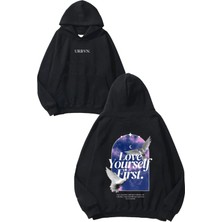 Urbvn Love Yourself First Tasarım Baskılı Oversize Siyah Kapüşonlu Sweatshirt