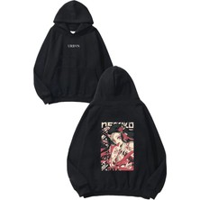Urbvn Anime Cat Tasarım Baskılı Oversize Siyah Kapüşonlu Sweatshirt