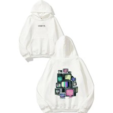 Urbvn Error Tasarım Baskılı Oversize Beyaz Kapüşonlu Sweatshirt