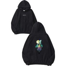 Urbvn Space Tasarım Baskılı Oversize Siyah Kapüşonlu Sweatshirt
