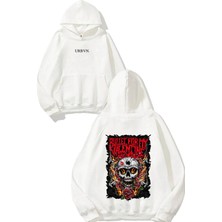 Urbvn Bullet Tasarım Baskılı Oversize Beyaz Kapüşonlu Sweatshirt