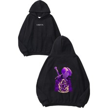 Urbvn Purple Anime Tasarım Baskılı Oversize Siyah Kapüşonlu Sweatshirt